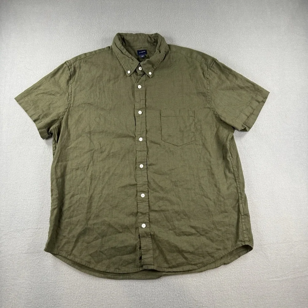 J.Crew Mens XXL Olive Green Linen Cotton Short Sleeve Button Down Shirt